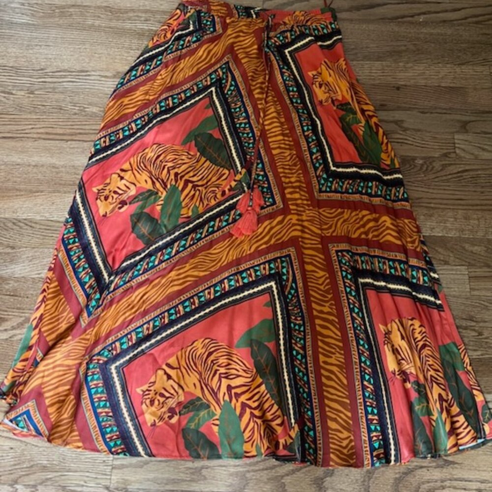 Anthropologie Farm Rio Amore maxi skirt orange tiger motif